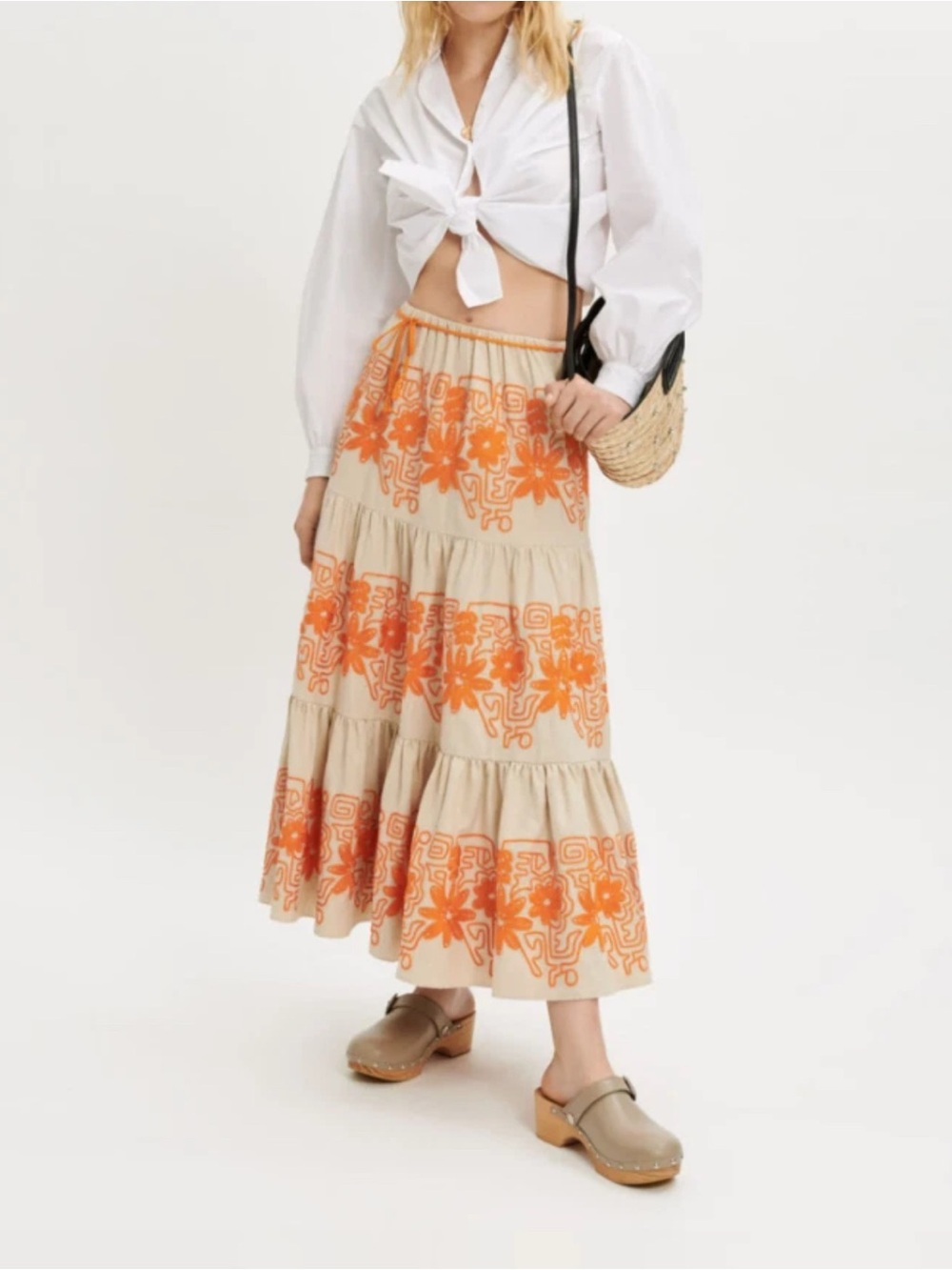 Maje Jin Embroidered Tiered Maxi Skirt Orange Embroidered tiered beige Size 38/M